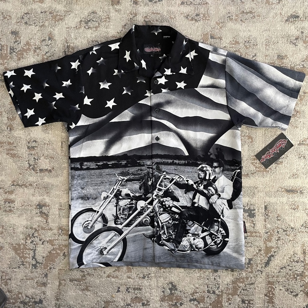 NWT Easy Rider Dragonfly Mens Button Front Short Sleeve Graphic Fonda Hopper Lar